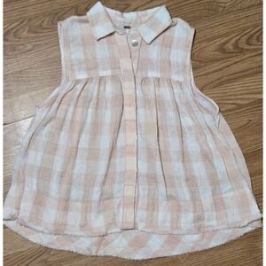 FREE PEOPLE "Hey There Sunshine" Button Down Pink Check Sz MEDIUM Cottage Core